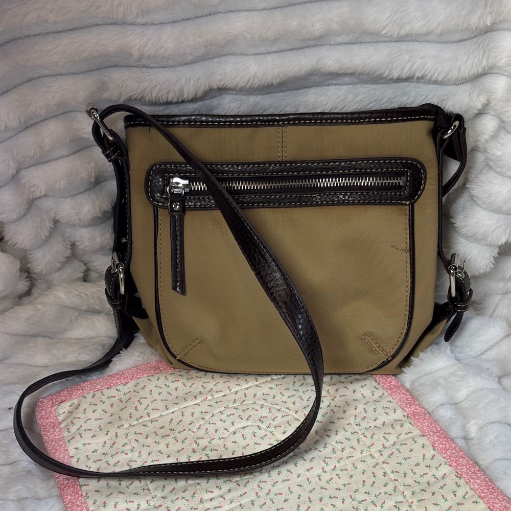 Women's Chaps Crossbody Bag in Khaki with Dark Brown Trim
